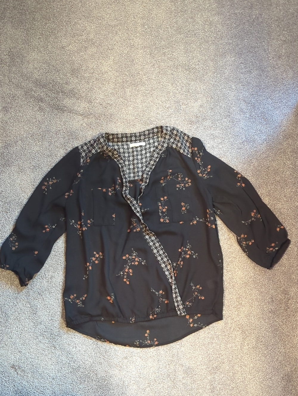 Maurices Black Floral Girls' Blouse with Patterned Trim